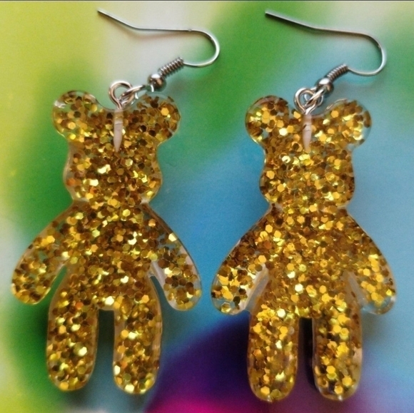 HANDMADE Gold Glitter Teddy Bear Earrings - Picture 4 of 5